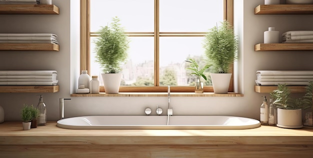 czysta łazienka z drewnianą półką nad wanną i umywalką w stylu fotorealistycznym