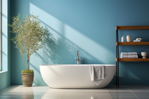 Czysta łazienka z półką w wannie i drzewem drewniana podłoga niebieska ściana nowoczesny minimalistyczny styl wnętrza