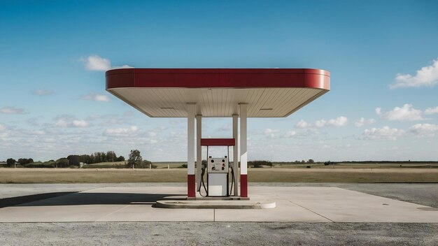 Czysta pusta stacja benzynowa w słoneczny dzień na wiejskim krajobrazie