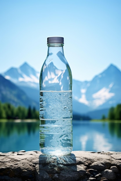 czysta woda pitna w butelce na tle jeziora i gór Generatywna sztuczna inteligencja