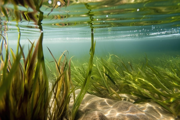 Czysta woda z zbliżeniem roślin wodnych i trawy morskiej stworzona za pomocą generatywnej sztucznej inteligencji