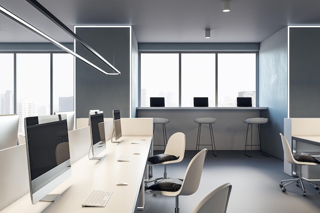 Czyste betonowe wnętrze biura coworkingowego z oknem i widokiem na miasto meble i wyposażenie w świetle dziennym Renderowanie 3D