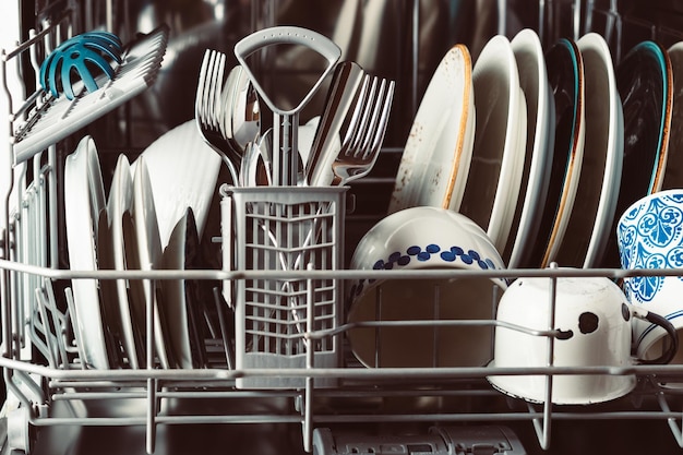 Czyste naczynia w otwartej zmywarce w domowej kuchni z bliska