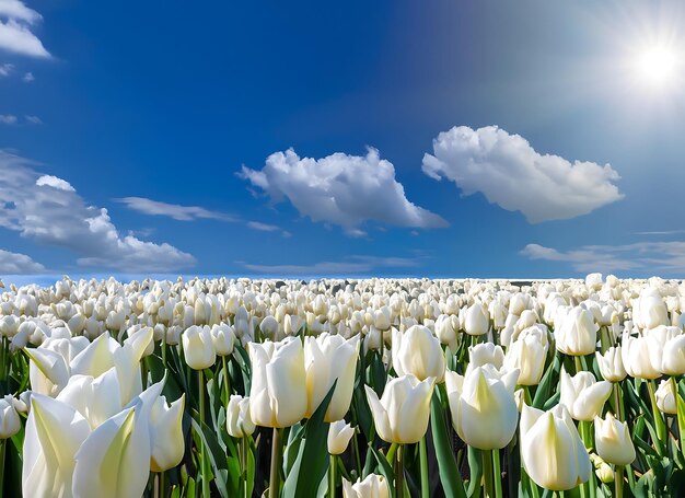 Czyste niebieskie niebo Białe chmury Silne światło przez chmury świeci białymi kwiatami tulipanów