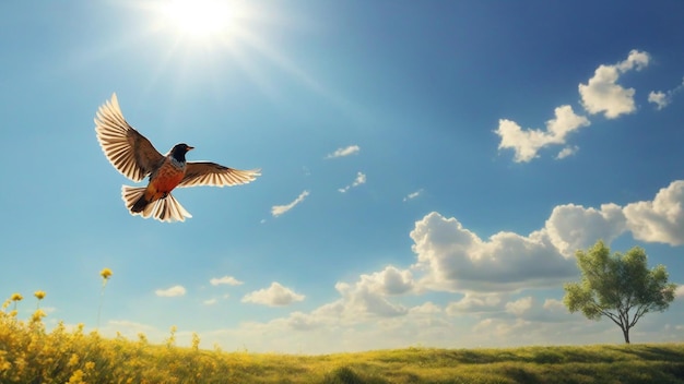 Czyste, słoneczne zdjęcie krajobrazu z ptakami latającymi na tle natury nieba