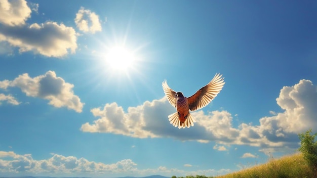 Czyste, słoneczne zdjęcie krajobrazu z ptakami latającymi na tle natury nieba