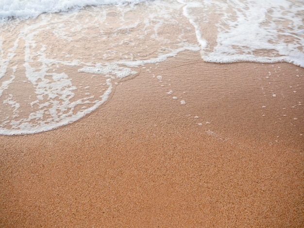 Czyste tło piaszczystej plaży z niewyraźnym ruchem rozpryskujących się fal morskich z kopią przestrzeni lato zachód słońca na plaży w tle