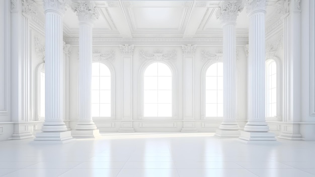 Czysty biały neoklasycystyczny pokój z dużymi oknami i kolumnami