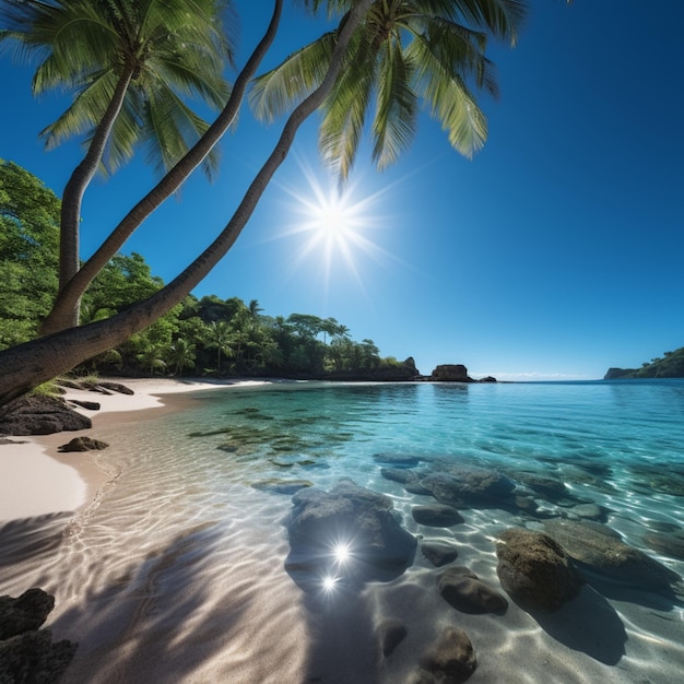 Czysty, błękitny ocean i palmy na tropikalnej plaży dla rozmiaru postu w mediach społecznościowych