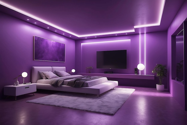 Czysty fioletowy pokój z światłami 3D Rendering