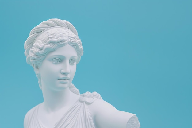 Czysty gipsowy posąg starożytnej postaci żeńskiej na niebieskim tle Generatywna sztuczna inteligencja