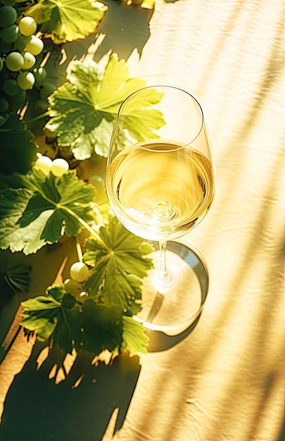 Czysty kieliszek z białym winem siedzący na słońcu