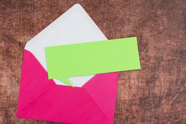 Czysty papier w kształcie bańki myśli z kolorową kopertą na drewnianym stole reprezentuje nowe pomysły i strategie osiągania postępu w biznesie