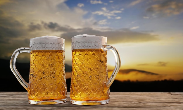 Czysty szklankę piwa z pełnym zimnym piwem i pianką na ujściu szklanki I kropelki wody przylegają do krawędzi Plank lub powierzchni drewna i z górskim krajobrazem w porannym słońcu 3D Rendering