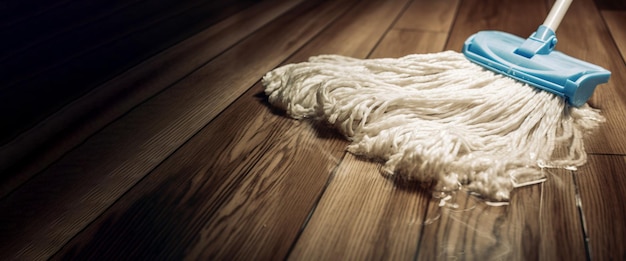 Czyszczenie mycie drewnianej podłogi profesjonalnym mopem na mokro generowanym przez sztuczną inteligencję