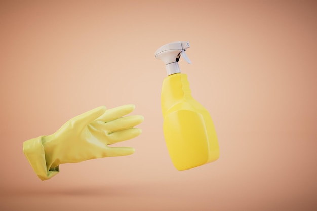 Czyszczenie na mokro detergentu domowego w opryskiwaczu i rękawiczkach do czyszczenia na pastelowym tle