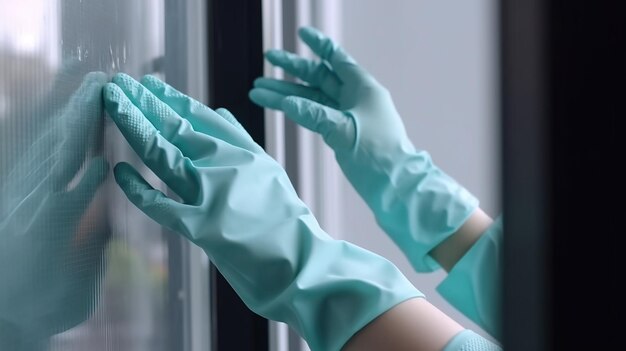 Czyszczenie szyby okiennej szmatką w żółtej rękawiczce wygenerowanej przez sztuczną inteligencję