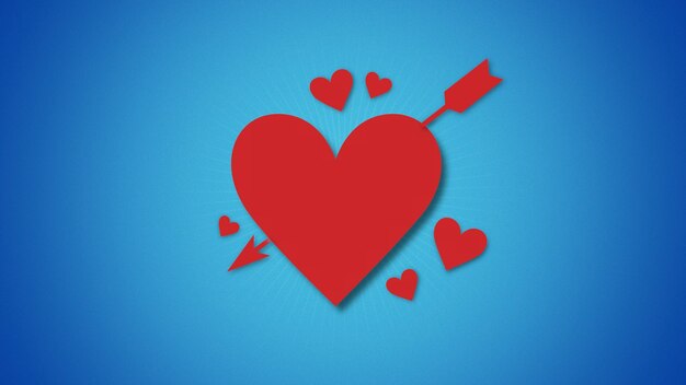 Ð¡loseup romantyczne czerwone serca ze strzałką na niebieskim tle Walentynki. Luksusowa i elegancka dynamiczna ilustracja 3d na romantyczne wakacje