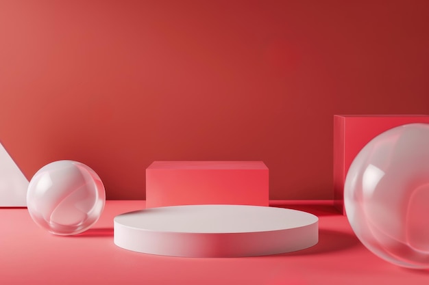 D render minimalistycznego okrągłego podium otoczonego pływającymi kształtami geometrycznymi na miękkim czerwonym tle