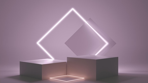 D render różowa platforma z neonowymi błyszczącymi i przezroczystymi szklanymi pierścieniami geometrycznymi kształtami kompozycjami wi