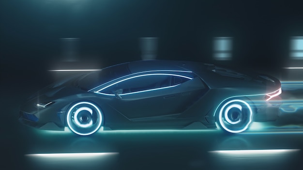 D render sportowy cyberneonowy samochód pędzi na nocnej drodze z neonowymi światłami