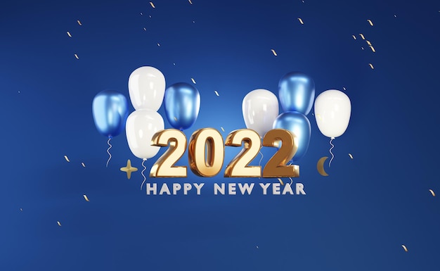 D rendering Pudełko na prezent szczęśliwego nowego roku 2022 i balon do świętowania niebieskiego odcienia