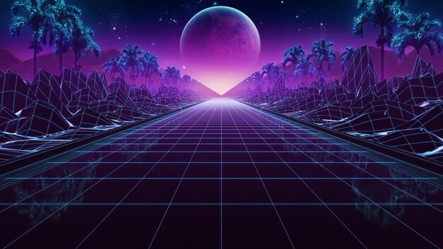 Zdjęcie d renderowanie tła w stylu neon retro wave s