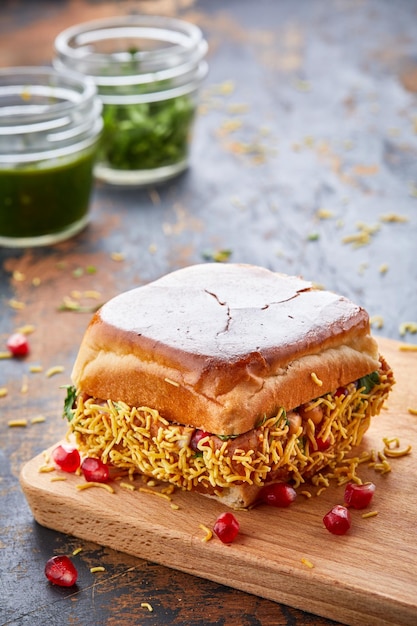 Daabeli Vada Pav na białym tle na desce widok z boku indyjskiego jedzenia