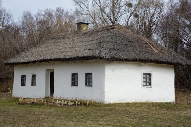 Zdjęcie dach starej białej chaty strzechą