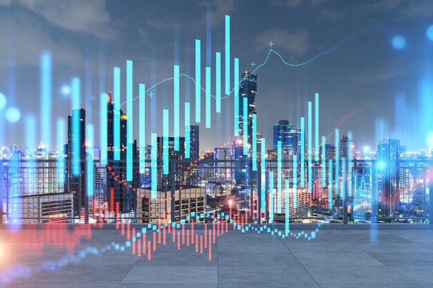 Dach z betonowym tarasem Nocna panorama Bangkoku Prognozowanie i modelowanie biznesowe rynków finansowych Hologram cyfrowe wykresy Centrum miasta Podwójna ekspozycja