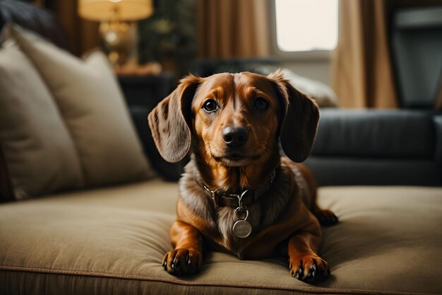 Zdjęcie dachshund leży na kanapie z oknem za nim.