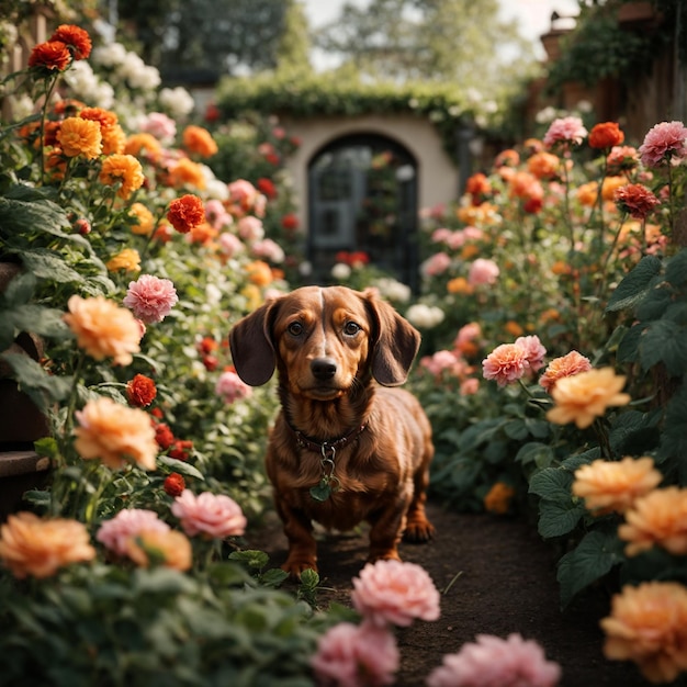 Dachshund odkrywający uroczy kwiatowy ogród ze swoim długim ciekawym nosem