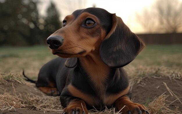 Zdjęcie dachshund siedzi na trawie w parku profesjonalny post reklamowy zdjęcie ai generowane