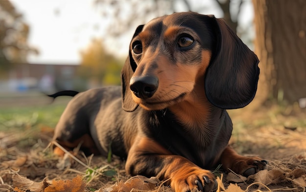 Zdjęcie dachshund siedzi na trawie w parku profesjonalny post reklamowy zdjęcie ai generowane