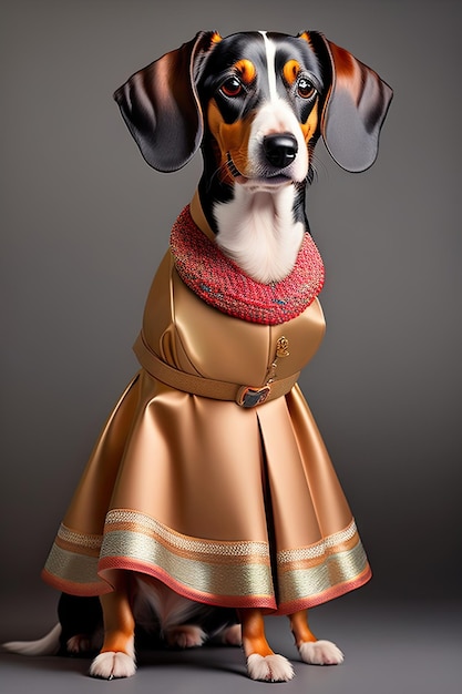 Dachshund w vintage sukience Portret zwierzęcia w odzieży Moda psa