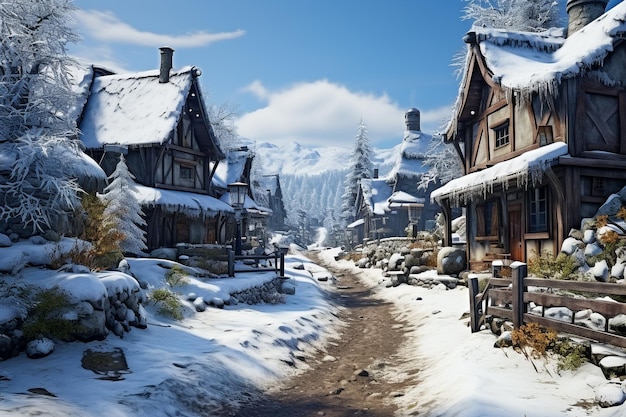 Dachy drewnianych domów i ulic są pokryte śniegiem Scena bożonarodzeniowa Wygenerowano realistyczne zdjęcie w rozdzielczości 4K