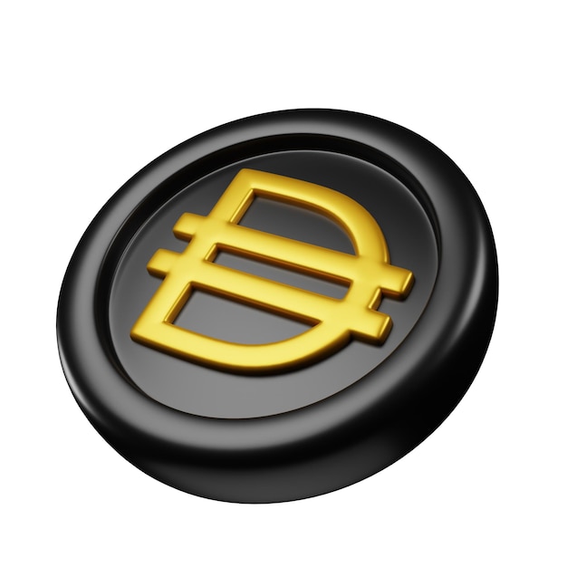 Zdjęcie dai black gold coin renderowanie 3d przechylony w lewo widok kryptowaluty ilustracja styl kreskówki