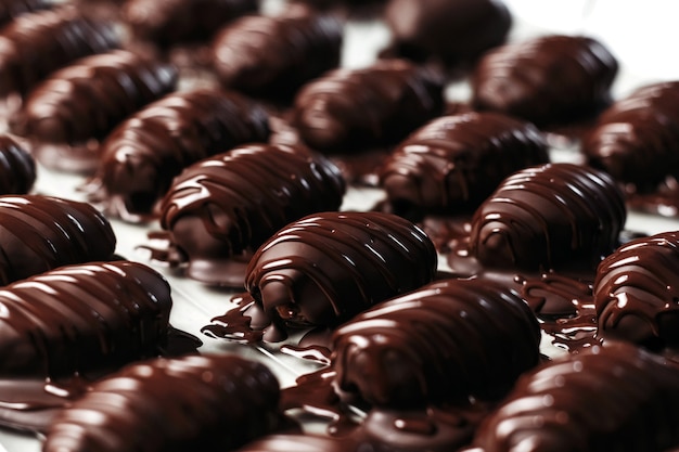 Daktyle w czekoladzie, deser. Cukiernik nalewa czekoladę na deser. Makro, zbliżenie.