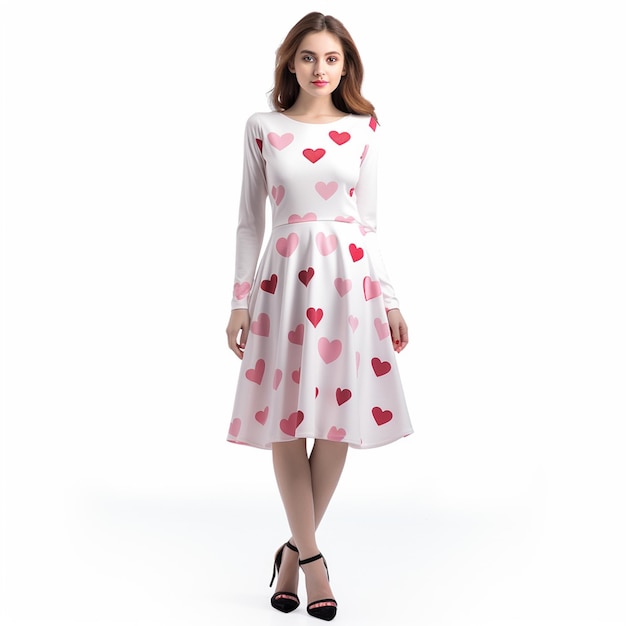 Damska sukienka z nadrukiem w różowe serce, z pełnymi rękawami i okrągłym dekoltem w kształcie litery N
