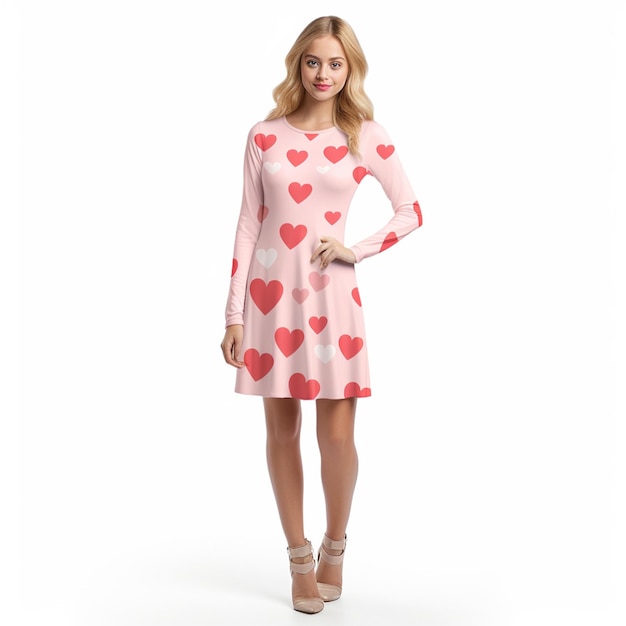 Damska sukienka z nadrukiem w różowe serce, z pełnymi rękawami i okrągłym dekoltem w kształcie litery N