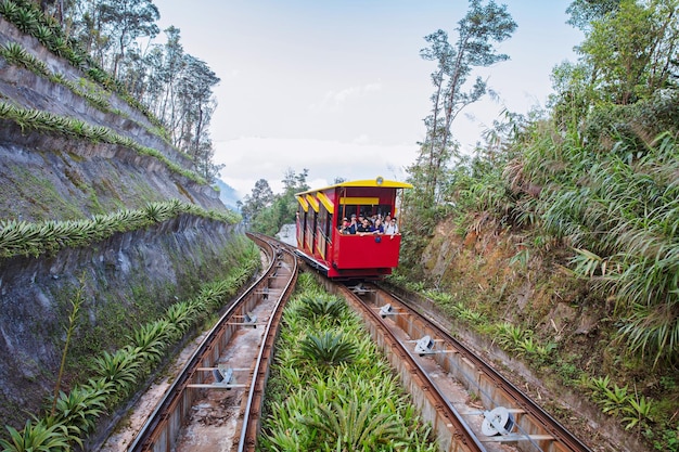 Danang, Wietnam Luty - 21, 2019: Turysta w Sun World Ba Na Hills Mountain Resort