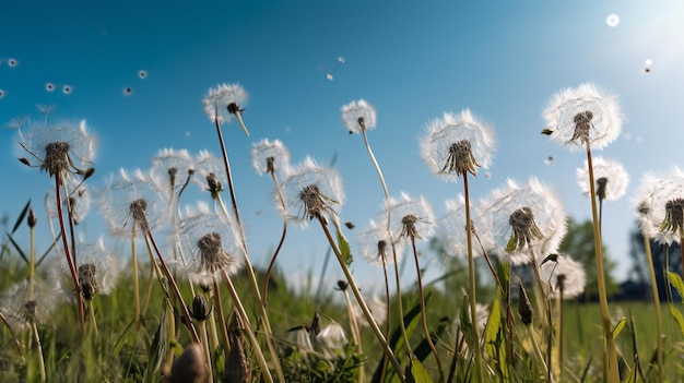 Dandelions w polu ze słońcem świeci na nich