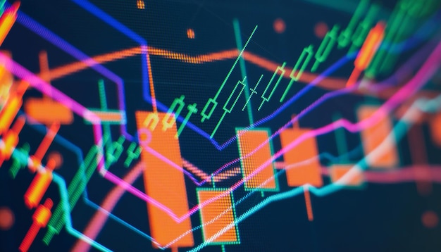 Dane finansowe na monitorze, w tym Analiza rynku Wykresy słupkowe Wykresy Dane finansowe Streszczenie, świecące tapety interfejsu wykresu Forex Inwestycje, handel, finanse akcji