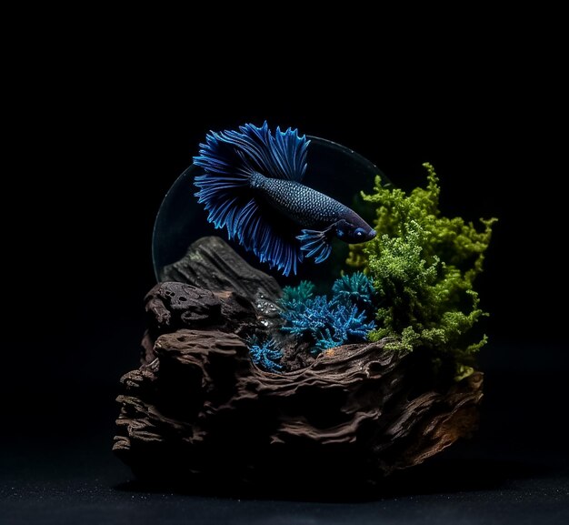 Dark Fores Blue Half Moon Betta fish czarny kamień wulkaniczny generowany przez sztuczną inteligencję