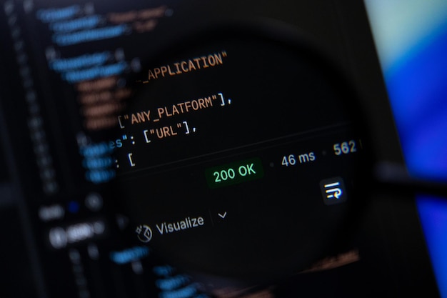 Dark screen displays programming code featuring a 200 OK status and response time representing successful API execution and modern software engineering