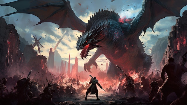Darkfantasy pole bitwy z rycerzami w zbroi i smokiem atakującym Koncepcja Fantasy Malowanie ilustracji Generatywna sztuczna inteligencja