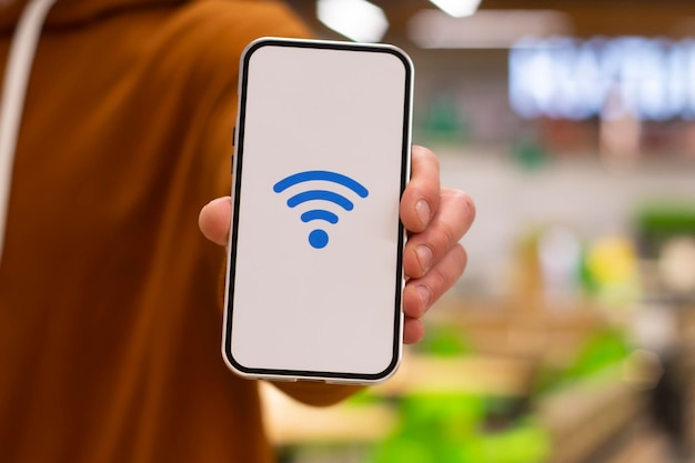 Darmowe Wi-fi Wyświetlacz Telefonu Z Ikoną Wi-fi Na Tle Restauracji Mężczyzna Trzyma Smartfon W Dłoni Zbliżenie