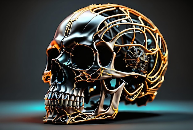 Darmowe zdjęcie Ludzka czaszka Nowe ciemne tło i renderowanie 3d kolorowe zielone liście Koncepcja Halloween