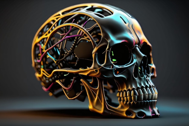 Zdjęcie darmowe zdjęcie ludzka czaszka nowe ciemne tło i renderowanie 3d kolorowe zielone liście koncepcja halloween