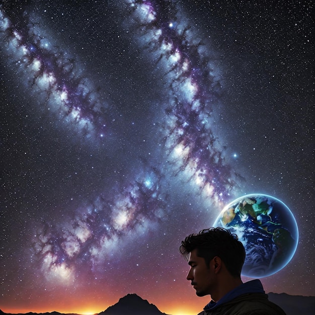 Zdjęcie darmowe zdjęcie mężczyzny stojącego przed nocnym niebem galaktyki
